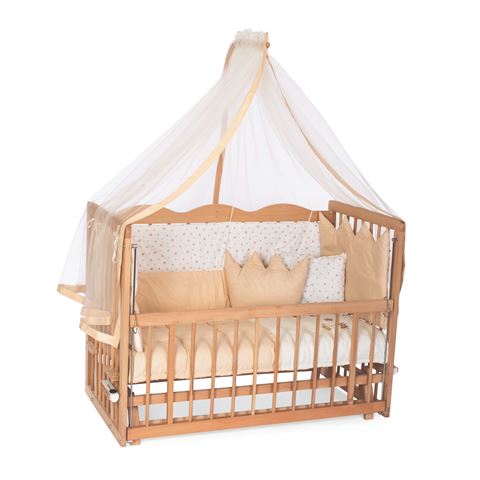 Bamgidoo Asya Ahşap Organik 60x120 Anne Yanı 5 Kademeli Beşik - Krem Nakışlı (Yazısız) Uyku Seti & Soft Ortapedik Yatak