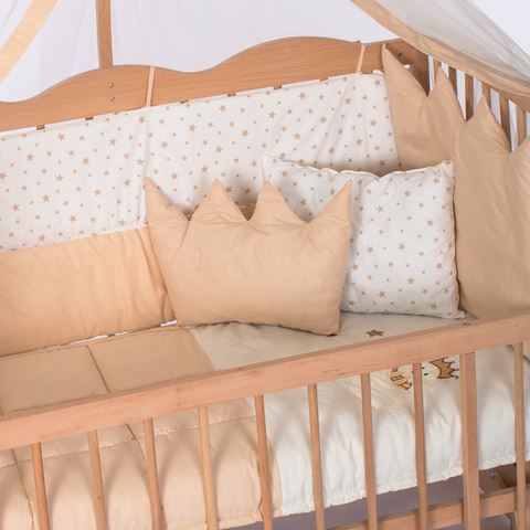 Bamgidoo Asya Ahşap Organik 60x120 Anne Yanı 5 Kademeli Beşik - Krem Nakışlı (Yazısız) Uyku Seti & Soft Ortapedik Yatak