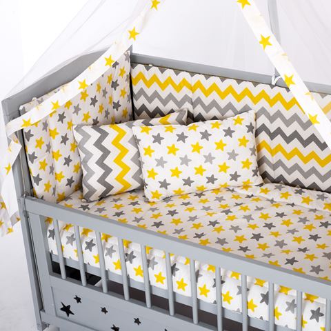 Bamgidoo Gri Yıldızlı 3 Kademeli Anne Yanı Beşik + Zikzak Sarı Uyku Seti + Soft Ortapedik Yatak