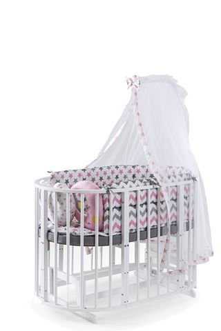 Bamgidoo Play Beyaz Ahşap Bebekle Büyüyen Anne Yanı Beşik 6 + 1 Pembe Yıldızlı Uyku Seti + Soft Ortapedik yatak