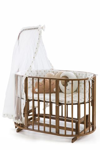 Bamgidoo Play Ceviz Ahşap Bebekle Büyüyen Anne Yanı Beşik 6 + 1 Krem Yıldızlı Uyku Seti + Soft Ortapedik yatak