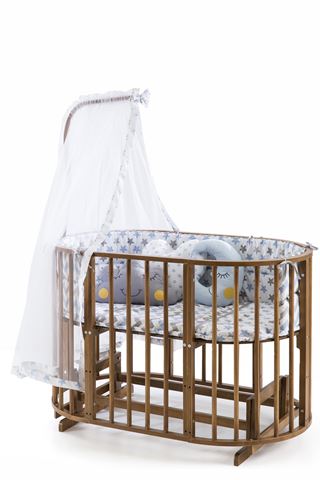 Bamgidoo Play Ceviz Ahşap Bebekle Büyüyen Anne Yanı Beşik 6 + 1 Mavi Yıldızlı Uyku Seti + Soft Ortapedik yatak