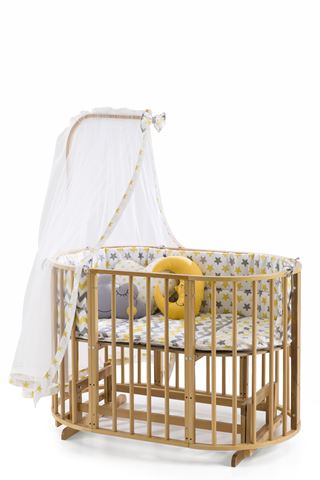 Bamgidoo Play Doğal Ahşap Bebekle Büyüyen Anne Yanı Beşik 6 + 1 Sarı Yıldızlı Uyku Seti + Soft Ortapedik yatak