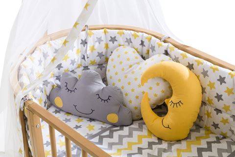 Bamgidoo Play Doğal Ahşap Bebekle Büyüyen Anne Yanı Beşik 6 + 1 Sarı Yıldızlı Uyku Seti + Soft Ortapedik yatak