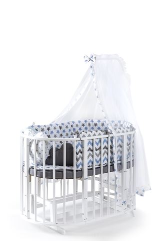 Bamgidoo Play Beyaz Ahşap Bebekle Büyüyen Anne Yanı Beşik 6 + 1 Mavi Yıldızlı Uyku Seti + Soft Ortapedik yatak
